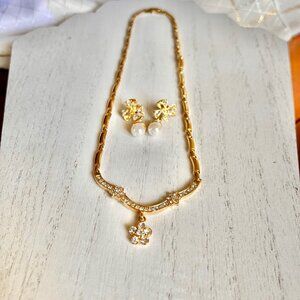 Vintage Gold Tone Pearl and CZ Necklace and Earrings Set 1987